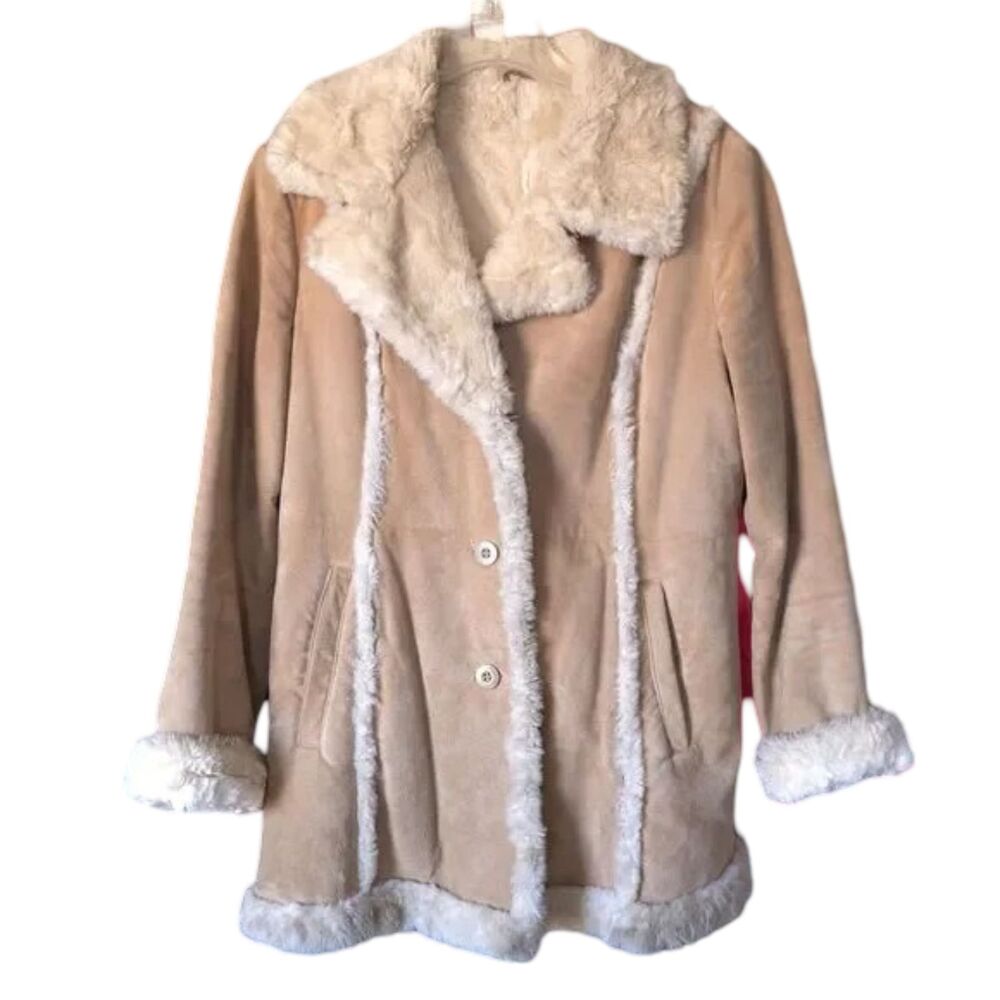 VTG Wilsons Maxima Leather Penny Coat Suede Faux Furr Tan L Y2K 90s Boho Western